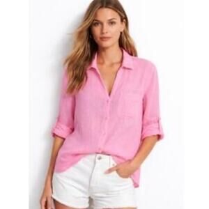 Zara Pink 100% Linen Button Down Shirt Size S Roll Tab Sleeves Casual Summer